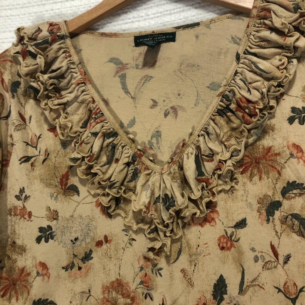 Lauren Jeans Co. Floral Ruffle Neckline 3/4 Sleeve Blouse Top - Picture 3 of 8